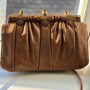 Vintage Designer Judith Leiber reptile leather purse w/Tiger Eye, gemstones